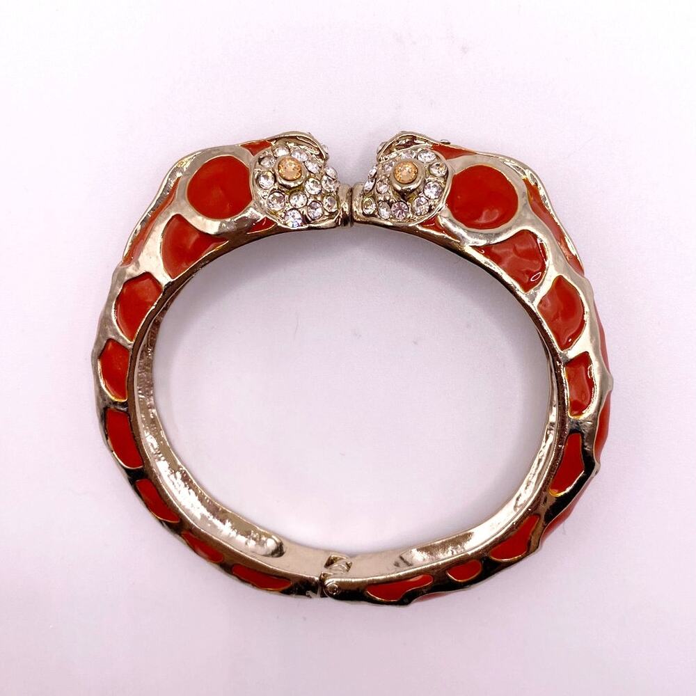 Vtg Chicos Enamel Orange Bangle Bracelet Rhinestones Head kissing Fishes size 7